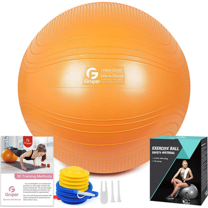 Gruper Yoga Ball, 55-75cm Extra Thick Exercise Ball for Workout Fitness Balance, Anti Burst Chair for Home and Office Desk,Includes Hand Pump & Workout Guide Access (Orange, 22 inch (55cm),M)