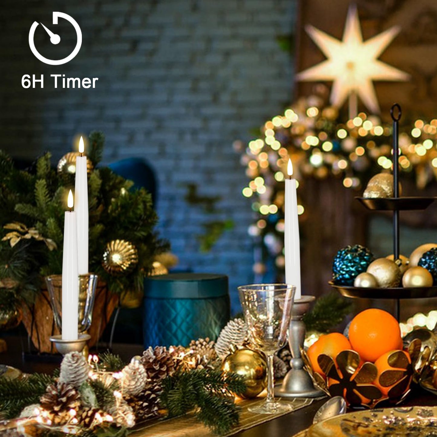 KunSwenn Flameless Taper Candles, Real Wax Flickering Taper Candles Battery Operated with 6H Timer, 4 Pcs White LED Flameless Candlesticks for Halloween Christmas Holiday Wedding Decor