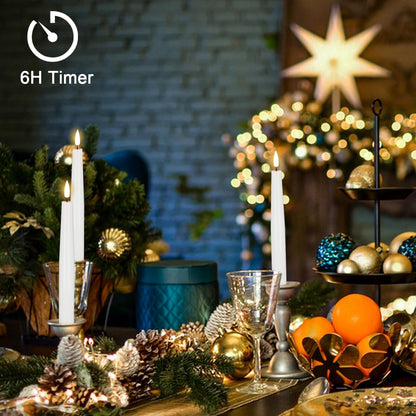 KunSwenn Flameless Taper Candles, Real Wax Flickering Taper Candles Battery Operated with 6H Timer, 4 Pcs White LED Flameless Candlesticks for Halloween Christmas Holiday Wedding Decor