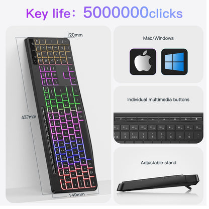 TECURS Wireless Keyboard QWERTY UK Layout, 2.4G Wireless Gaming Keyboard, LED Backlit, Ergonomic, Quiet, Rechargeable, Full Size Keyboard with Multimedia Keys for Computer/PC/Laptop/MAC/Windows
