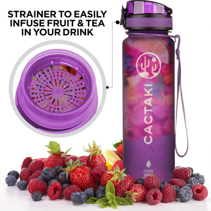 Cactaki 32 oz Water Drinking Bottle with Time Marker - Stay Hydrated - Hydration Tracker & Reminder to Drink With Hourly Measurement Markings - Leak Spill Proof & BPA Free