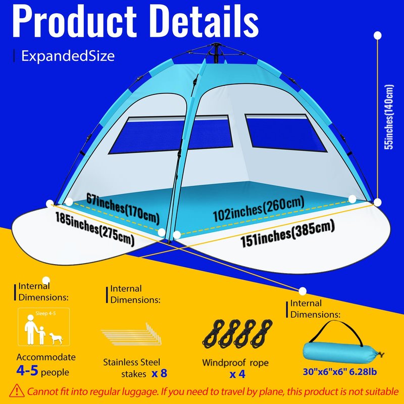 Pop Up Beach Tent Sun Shelter – Easy Set up in 3S Instant, Tents for 4/5 Person Beach Umbrella Sun Shelter Shade, UV 50+ Protection, Wind Resistant, Lightweight Portable Baby Tents Shade for Family