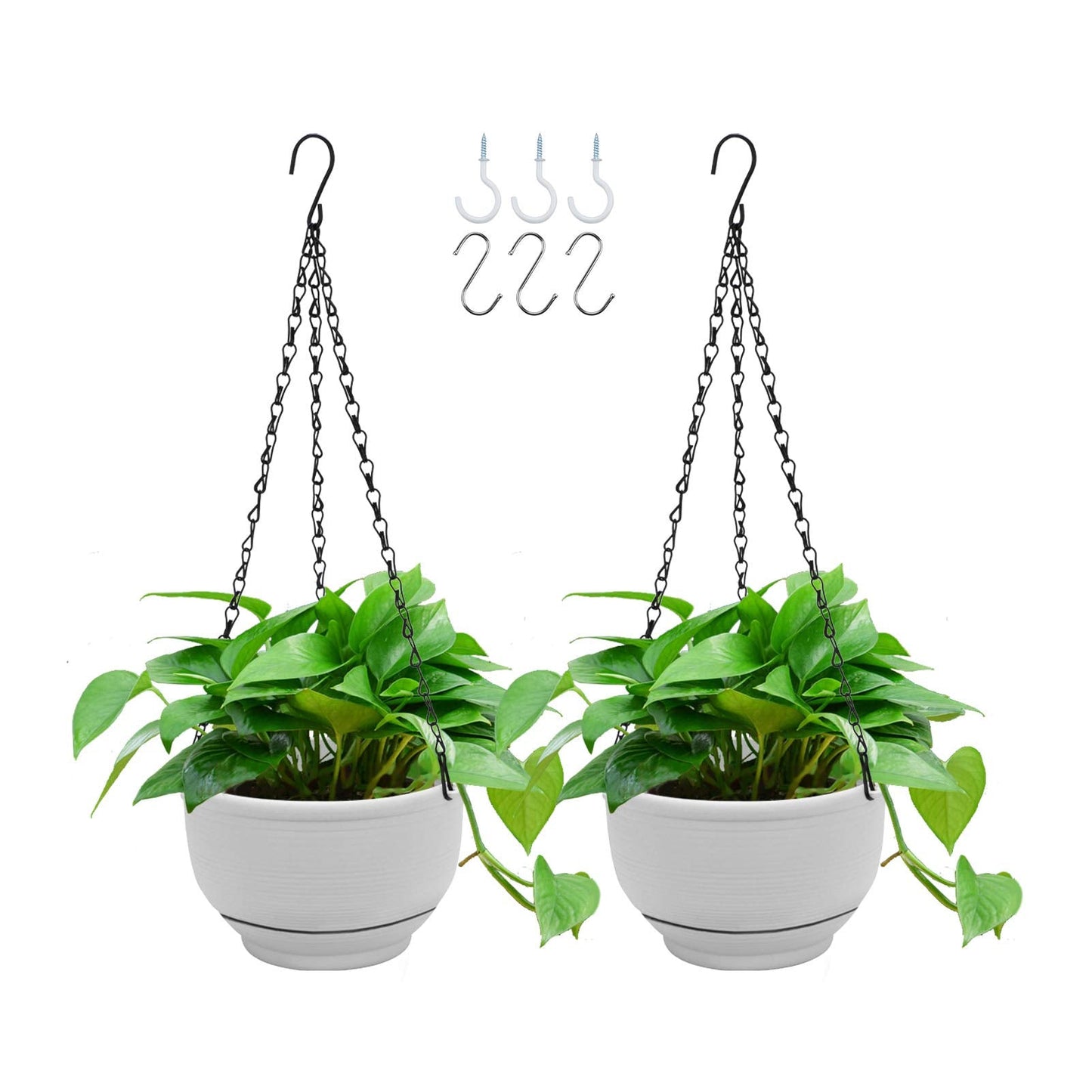GROWNEER Plastic Hanging Planter 2 Packs 8 Inch Self Watering Pots Plants Hanger Baskets with 6 Pcs Hooks, Flower Pot with Detachable Base for Garden Indoor Outdoor (Grey)