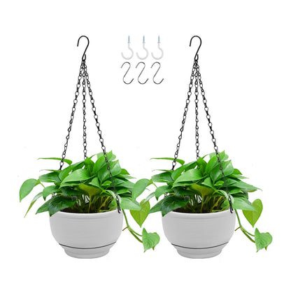 GROWNEER Plastic Hanging Planter 2 Packs 8 Inch Self Watering Pots Plants Hanger Baskets with 6 Pcs Hooks, Flower Pot with Detachable Base for Garden Indoor Outdoor (Grey)