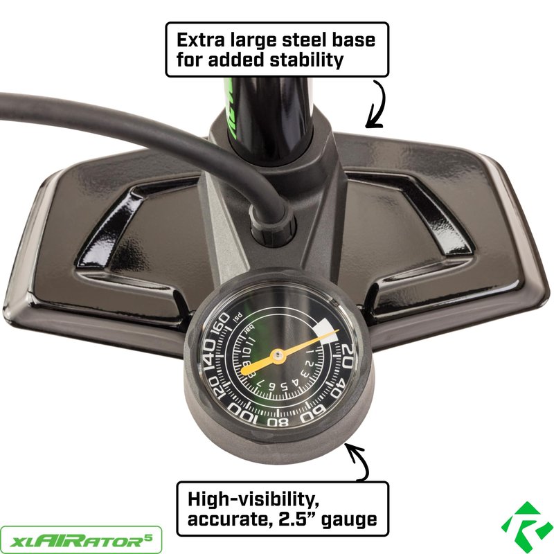 Revere xlAIRator 5 Bike Floor Pump – 160 PSI, Dual Valve Compatibility (Presta & Schrader), Extra-Large Gauge, 41" Hose, Includes Patch Kit – Ideal for Road & Mountain Bikes