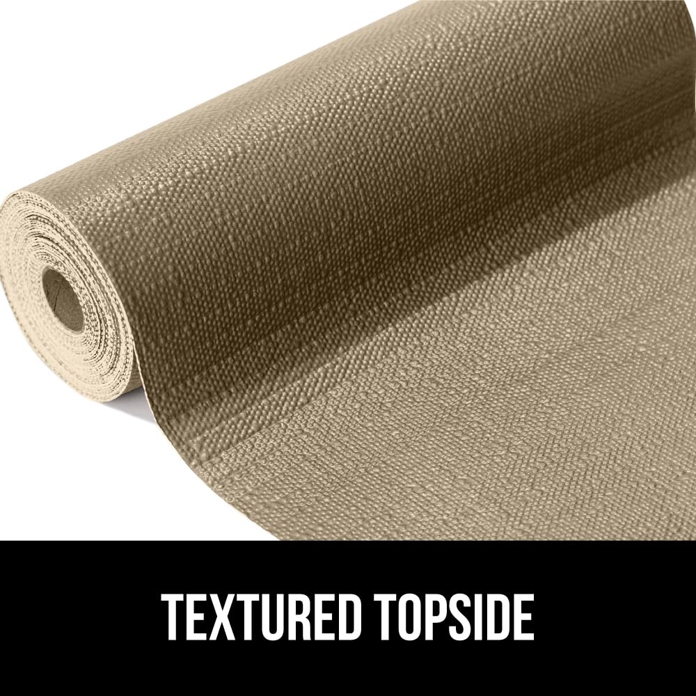 GORILLA GRIP DripGuard Drawer and Shelf Liner for Cabinet, Slip Resistant Non Adhesive Protection for Kitchen, BPA Free Smooth Surface Plastic Liners for Cabinets Bathroom Drawers, 17.5x120 Inch Beige