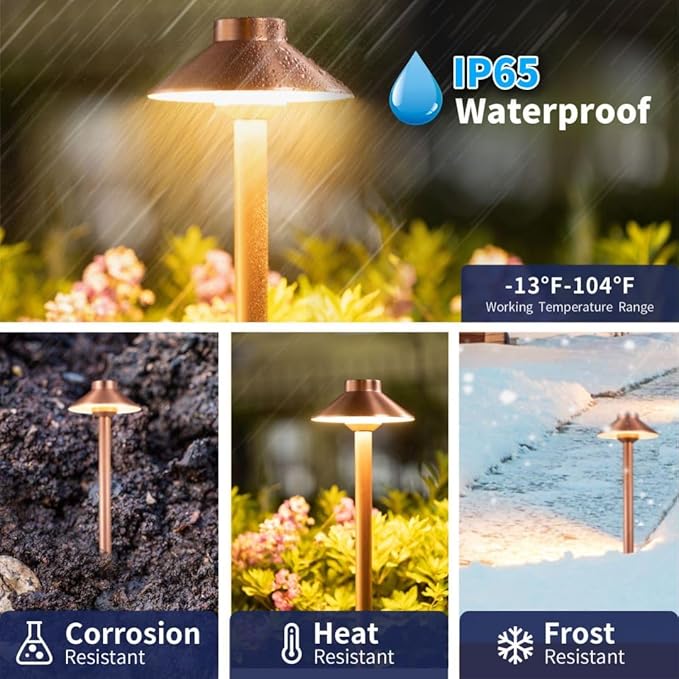 Gardenreet Brass Path Lights Copper, Low Voltage LED Landscape Pathway Lights, 12V Outdoor Waterproof Landscape Lighting(Hat) for Walkway Driveway Garden Yard with 3W 2700K Warm White LED G4 Bulb