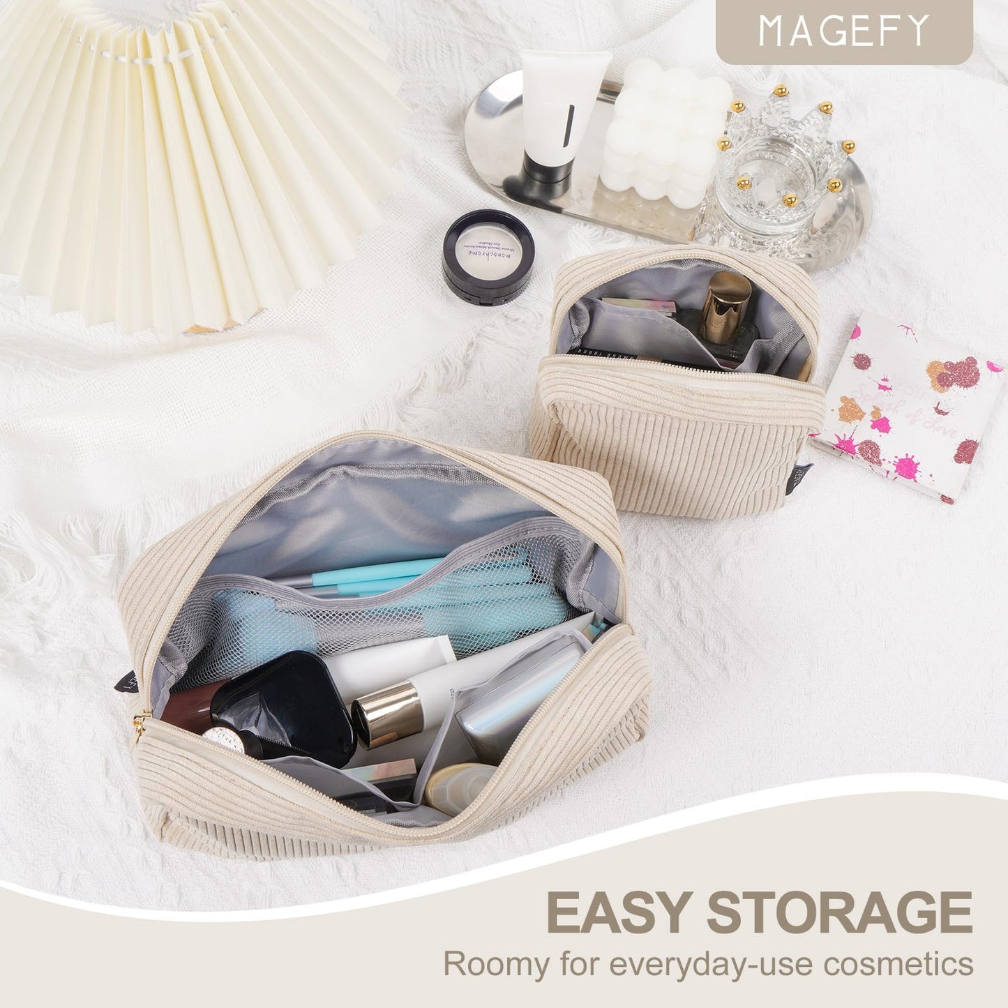 Makeup Bag, MAGEFY 2 Pcs Small Makeup Bag for Handbag Corduroy Pouch with Compartments Travel Makeup Cosmetic Bag for Women (Beige)