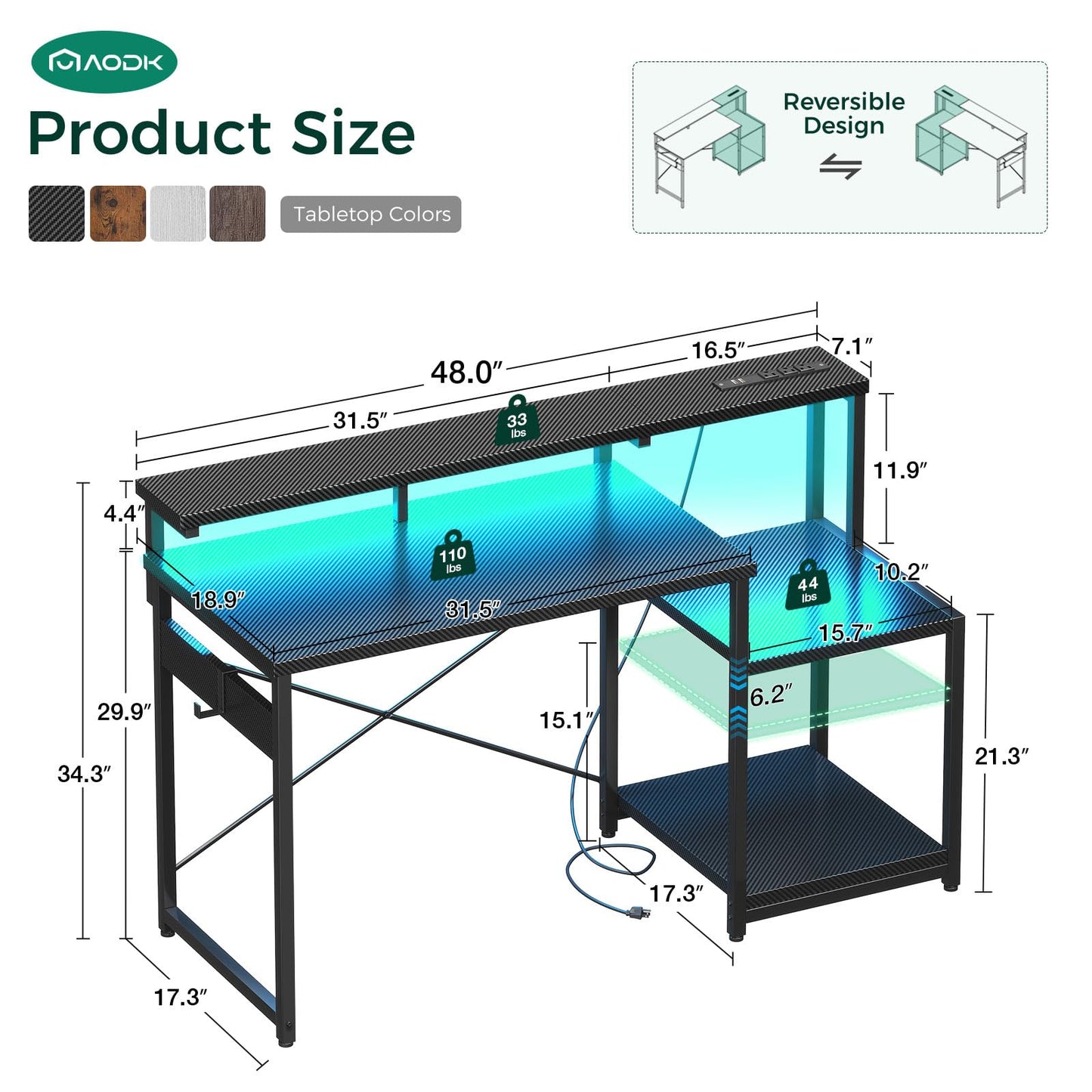 AODK Computer Desk, 48 Inch Gaming Desk with Led Lights & Power Outlet, Office Desk with Printer Storage Shelves, Reversible Desk with Monitor Shelf & Headphone Hook, Carbon Fiber Black