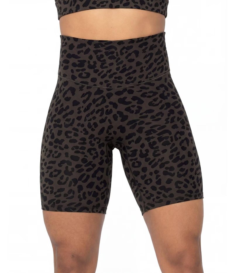 Sunzel 8" Waist Biker Shorts for Women No Front Seam Soft Yoga Workout Gym Bike Shorts Tummy Control Squat Proof Leopard Seal Brown Small