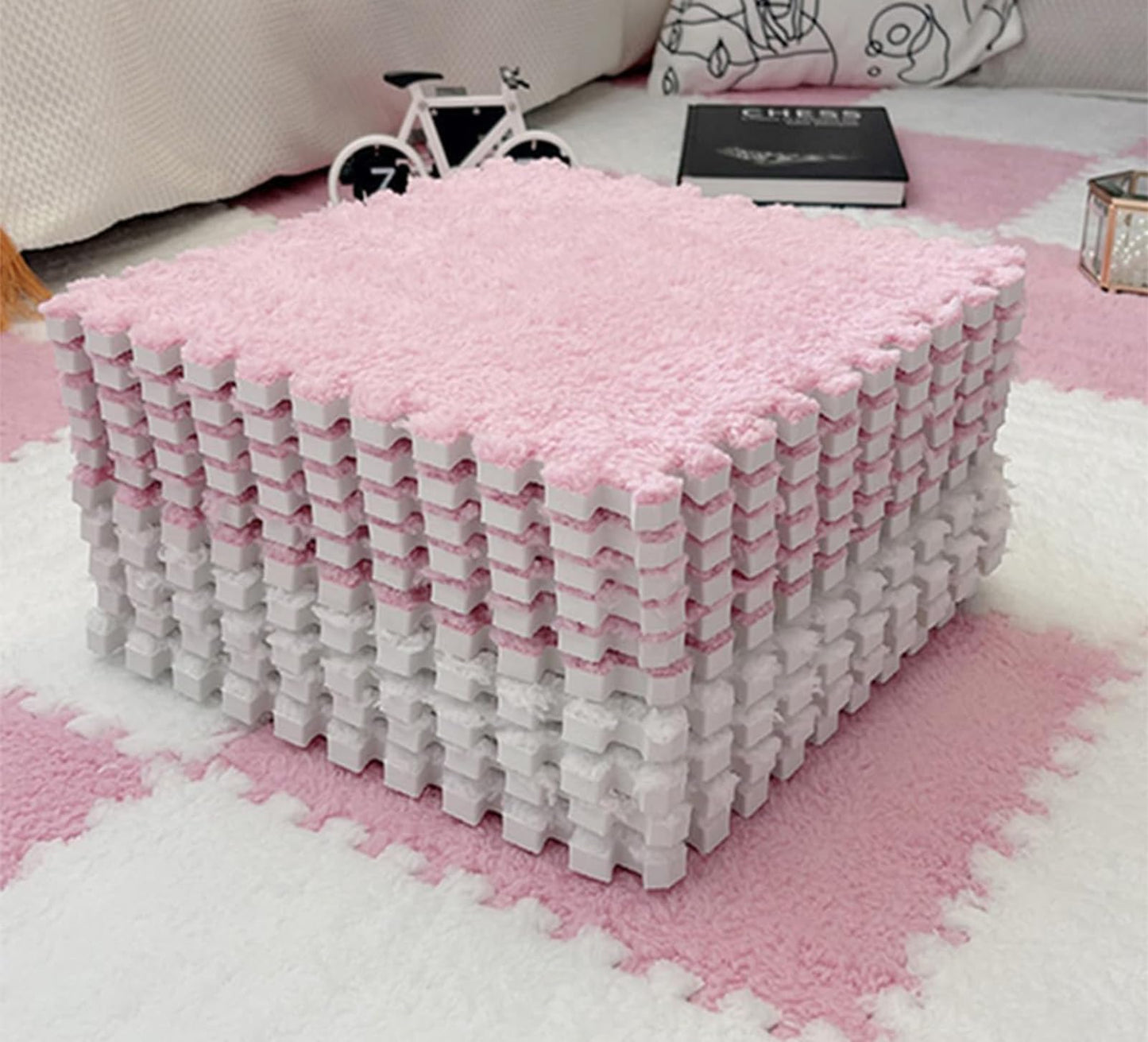10pcs Plush Foam Floor Mat, Cuttable Play Mat Color Blocking Plush Puzzle Interlocking Square Carpet Tile Flooring Climbing Area Rugs for Home Playroom (Pink White)