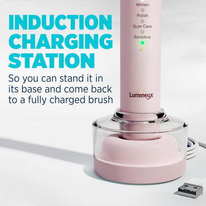 Lumineux Teeth Whitening Sonic Bamboo Electric Toothbrush for Adults - Includes 2 Soft Bristle Replaceable Bamboo Toothbrush Heads, Charging Station & USB Charge Cord - Rechargeable, Bloom Pink