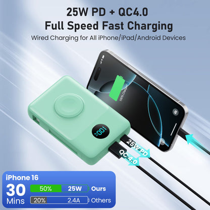 Magnetic Portable Charger for iPhone with Built-in Cables, 6-in-1 10800mAh Power Bank with iWatch Charger & LCD Display,25W PD Fast Charging Battery Pack for Magsafe,iPhone 16/15/14/13/12,Apple Watch