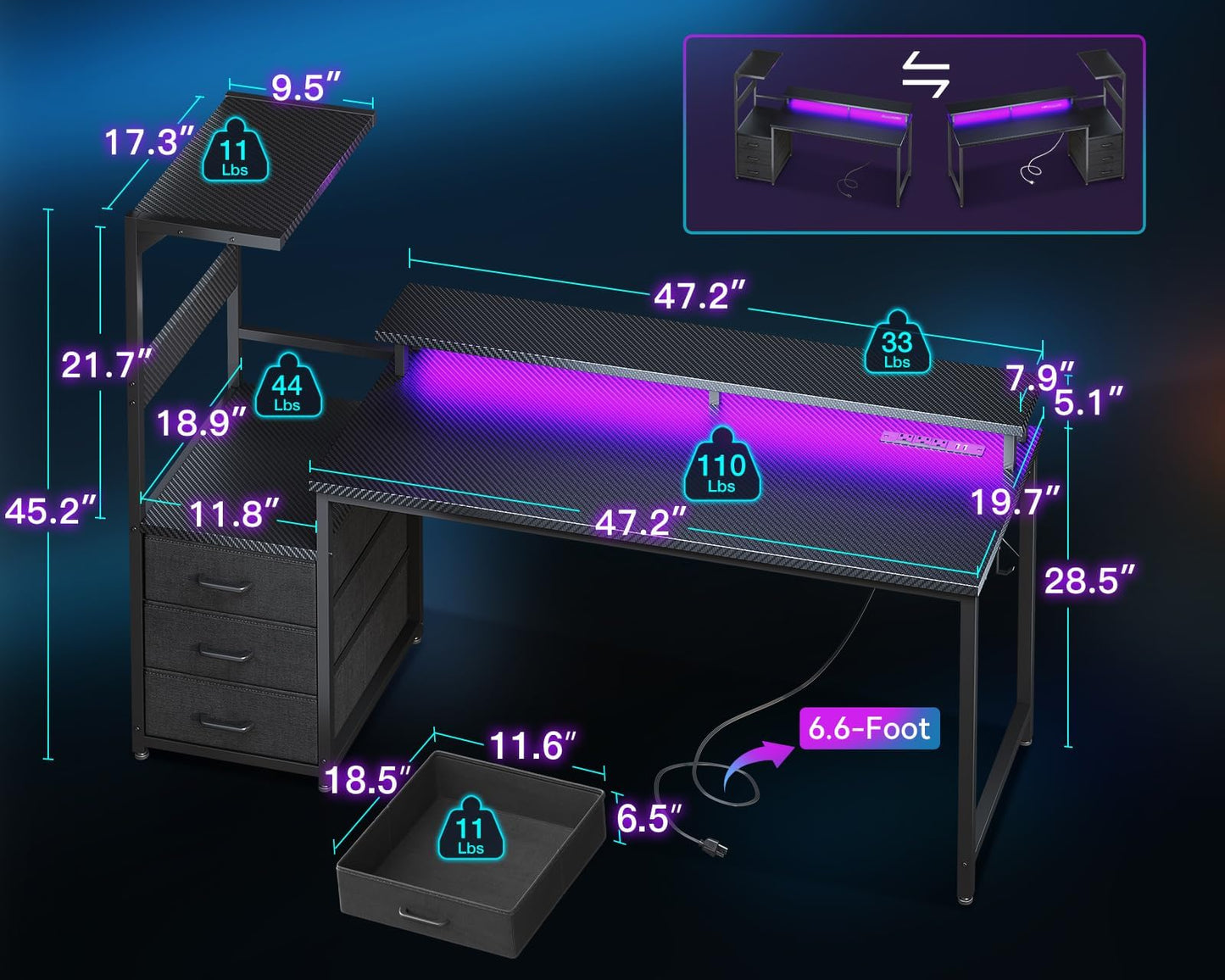 AODK 59 Inch Gaming Desk with USB Charging Ports & LED Light- Reversible Computer Desk with Storage Shelves & Monitor Stand, Modern Gamer Desk Table with Fabric Drawers & Side Hook, Carbon Fiber Black