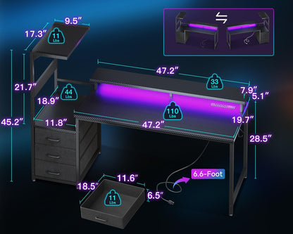 AODK 59 Inch Gaming Desk with USB Charging Ports & LED Light- Reversible Computer Desk with Storage Shelves & Monitor Stand, Modern Gamer Desk Table with Fabric Drawers & Side Hook, Carbon Fiber Black