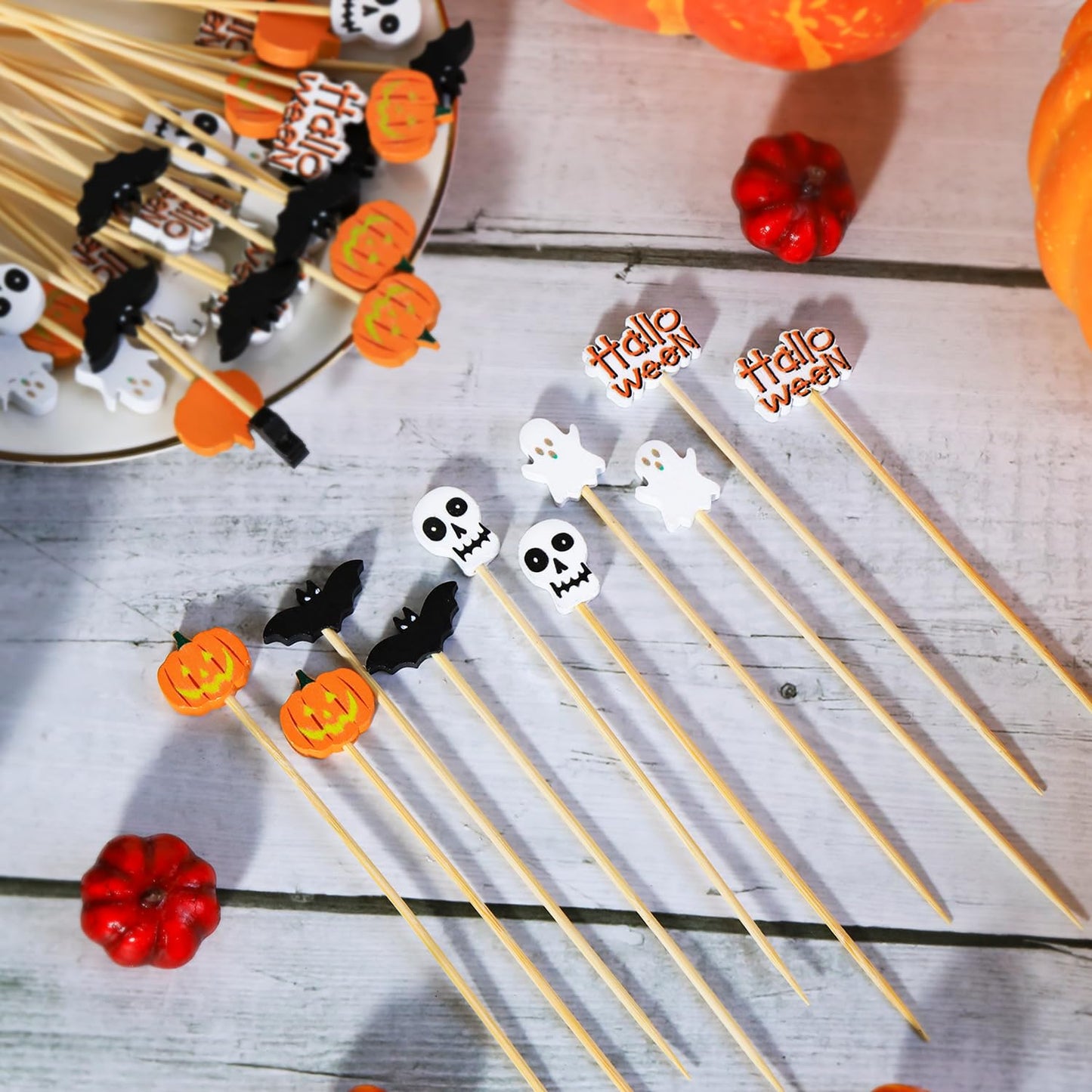 Halloween Cocktail Picks Halloween Theme Skull Ghost Pumpkin Bat Decorations Long Toothpicks Fruit Sticks Skewers Topper for Appetizer Charcuterie Food Sandwich Cupcake Halloween Themed Party Supplies