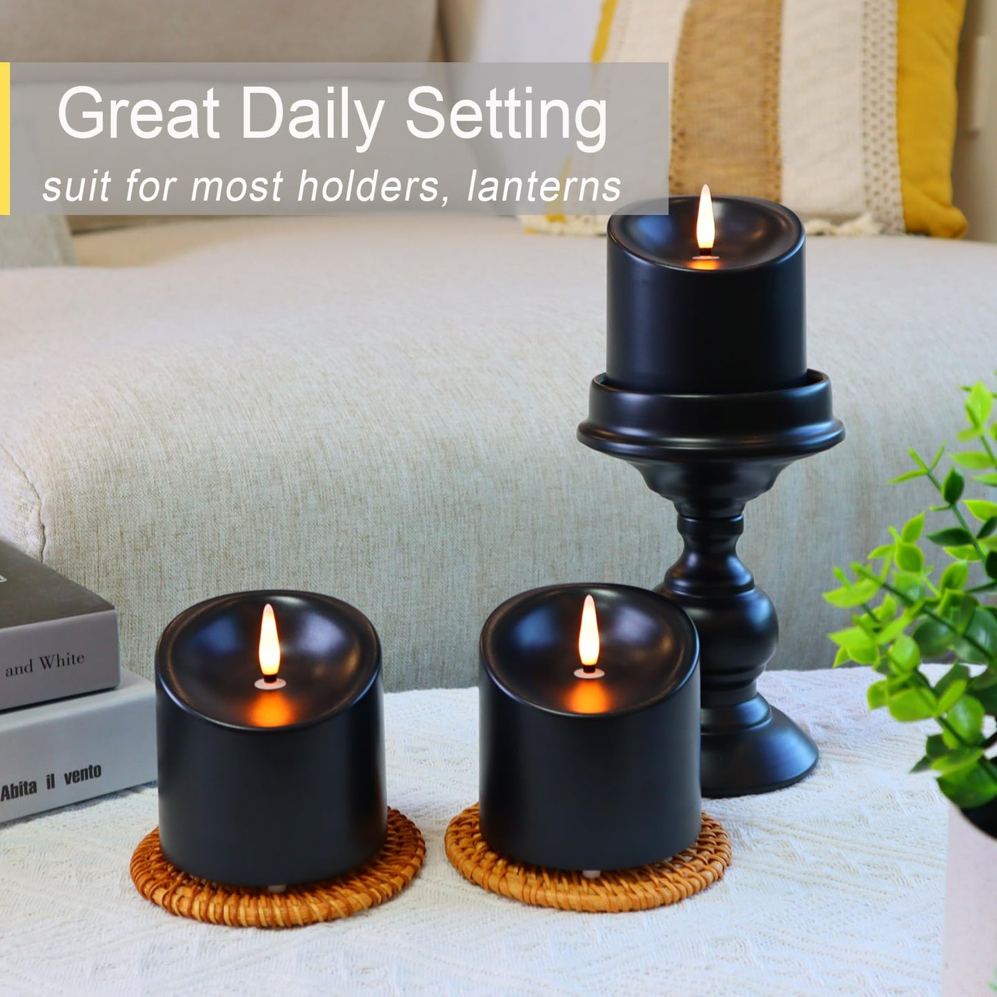 TECHLONG Black Outdoor Waterproof Flameless Candles with Timer, Remote Control Battery Operated Candles Flickering Last 600 Hours, 3"x3" Electric Fake LED Candles for Halloween Decoration, Set of 3