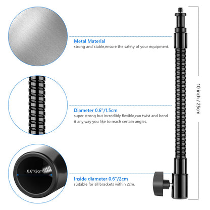Neewer® 10"/25cm Metal Flexible Tube Arm for LED Video Lights, Ring Flash Light and Other Photography Accessories with 1/4" Screw Thread