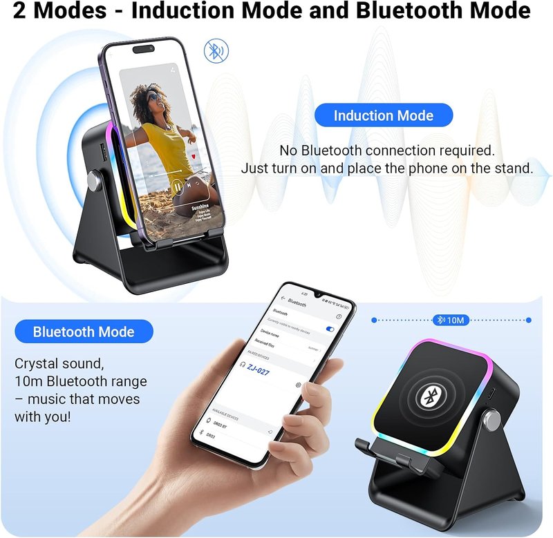 Induction Speaker - 5-in-1 Wireless Bluetooth Audio with Phone Stand & Colorful Light | Rechargeable for iPhone & Android (Black)