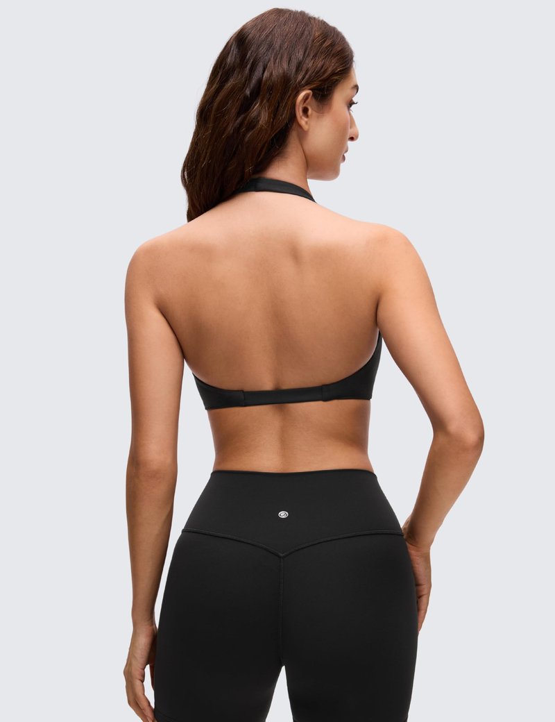 CRZ YOGA Butterluxe Double Lined Twist Halter Sports Bras for Women - Deep V Neck Crop Top Casual Open Back Non Padded Black Medium