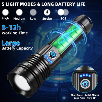 Flashlights High Lumens Rechargeable, Super Bright Flashlight, Adjustable Tactical Flashlight, 5Mode Flash Light High Powered, Waterproof LED Flashlight for Camping, Hiking, Home, Emergencies