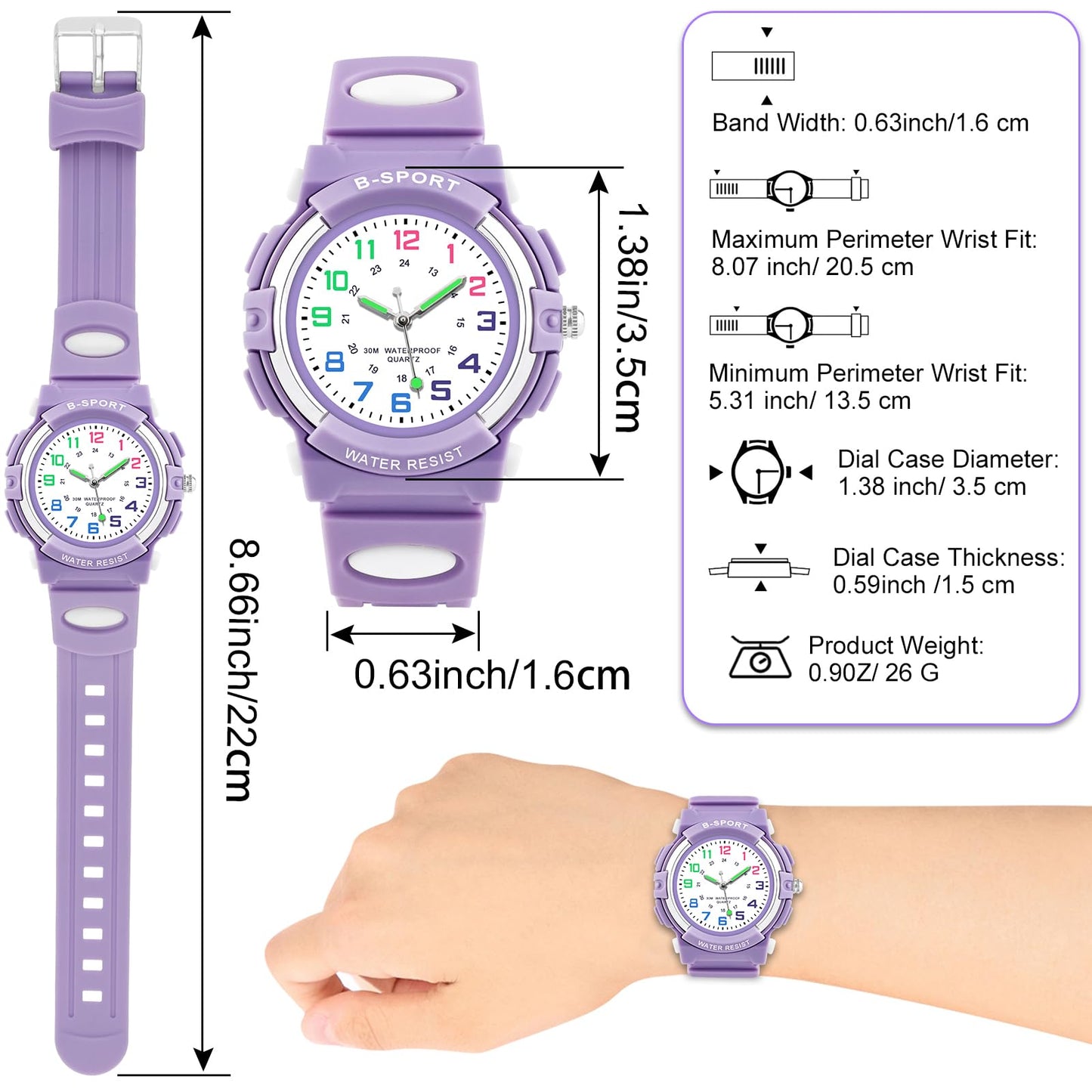 GUUMUXIN Kids Watch for Girls, Analog Wrist Watches for Kid, Waterproof Outdoor Sports Watch Rubber for Girls and Boys 5-16 Years, Purple