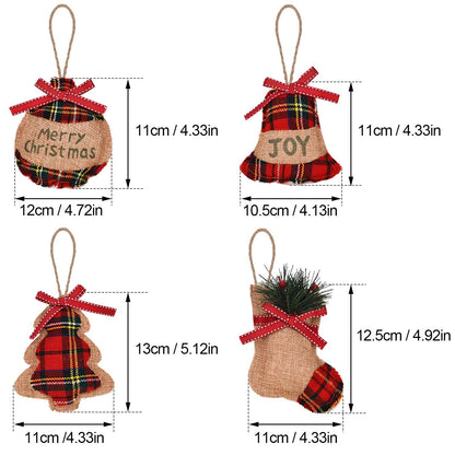 Jetec 12 Pieces Buffalo Plaid Christmas Ornaments Rustic Tartan Burlap Farmhouse Christmas Tree Decors Red Black Buffalo Xmas Tree Ball Plaid Stocking Bell Shaped Hanging Ornaments for Xmas Party