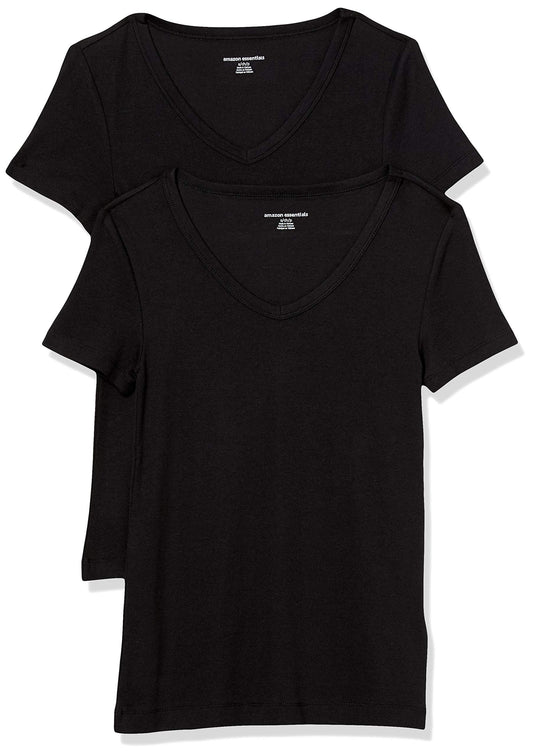 Amazon Essentials Women's Slim-Fit Short-Sleeve V-Neck T-Shirt, Pack of 2, Black, X-Small