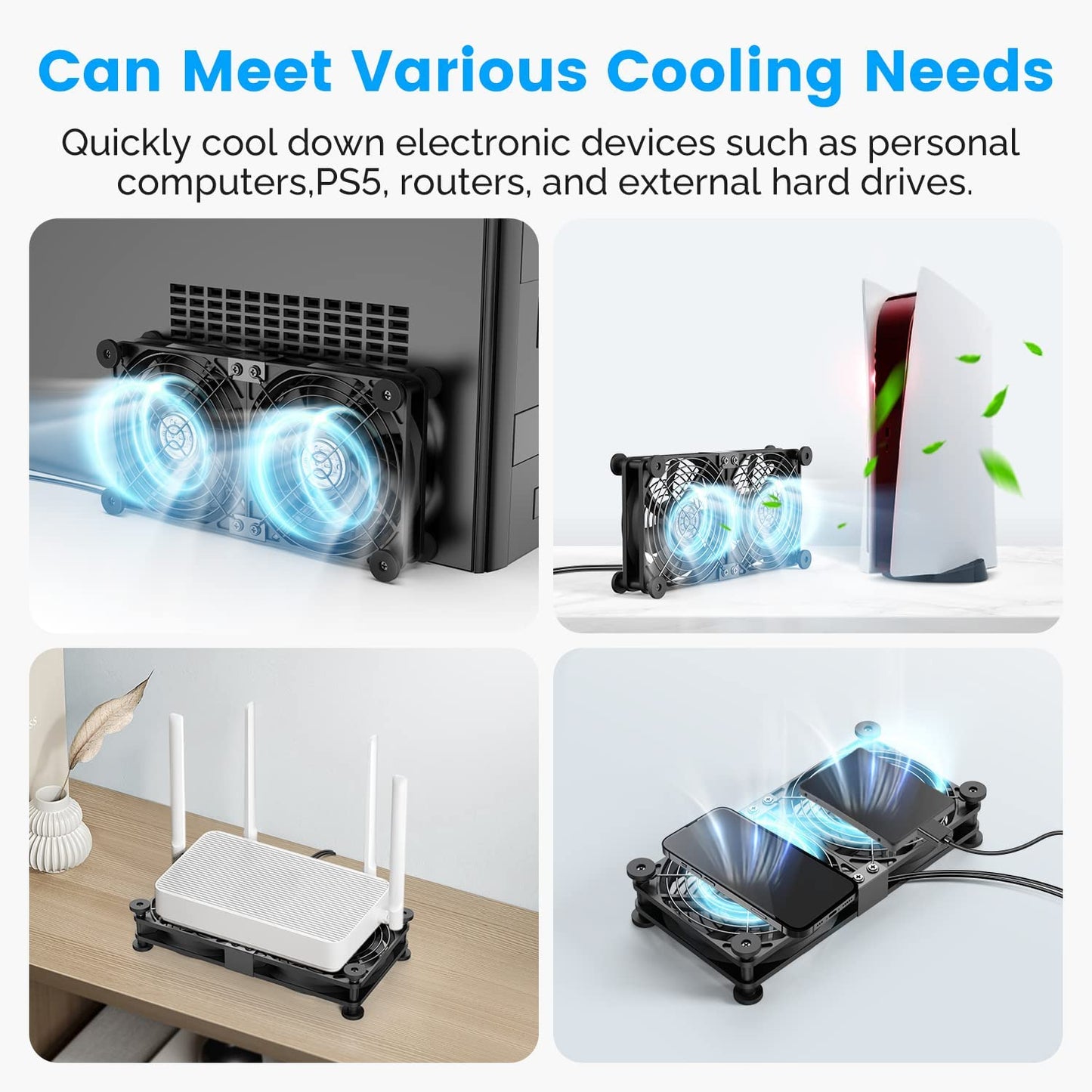 ELUTENG Computer Fan 120mm Dual Row 2 in 1 with 3 Adjustable Speed USB PC Fans 5V Electronics USB Cooling Fan with 8 Shock-Absorbing Feet for Cabinet/Router/PS5/Laptop/TV Box