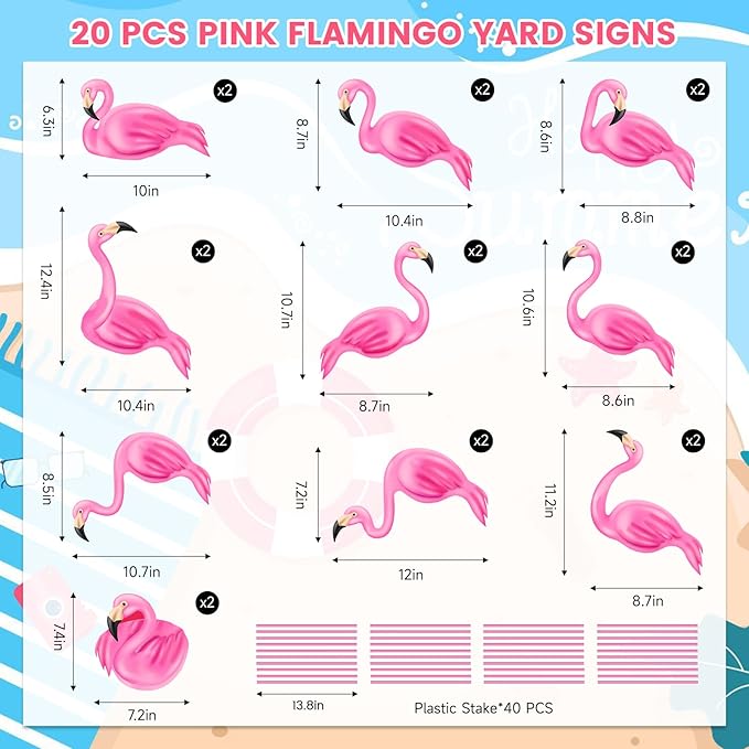 20 PCS Pink Flamingo Yard Signs with 40 Stakes Summer Beach Flamingo Lawn Sign 10 Styles Tropical Yard Lawn Patio Decorations Party Supplies(Normal)