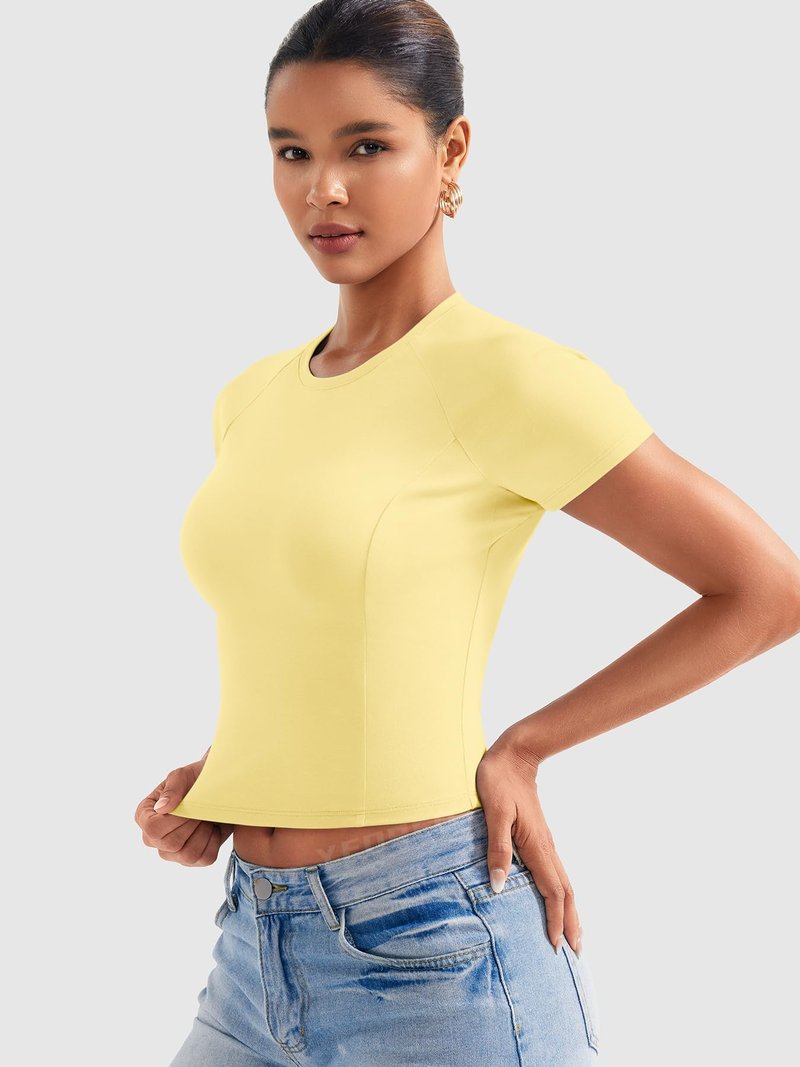 YEOREO Women Tops Baby T-Shirt Short Sleeve Crew Neck Going Out Crop Top Corriny Slim Fit Workout Basic Baby Tee Cream Yellow M