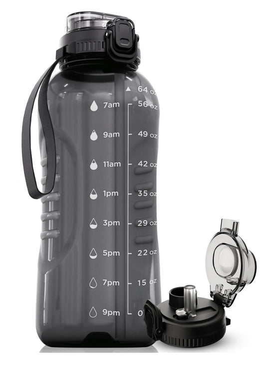 AQUAFIT 64 oz Water Bottle with Time Marker - 2in1 Straw & Chug Lid - BPA Free Big Water Bottle with Straw - Gym Water Bottle with Strap - Water Jug (64 Ounces, Gray)