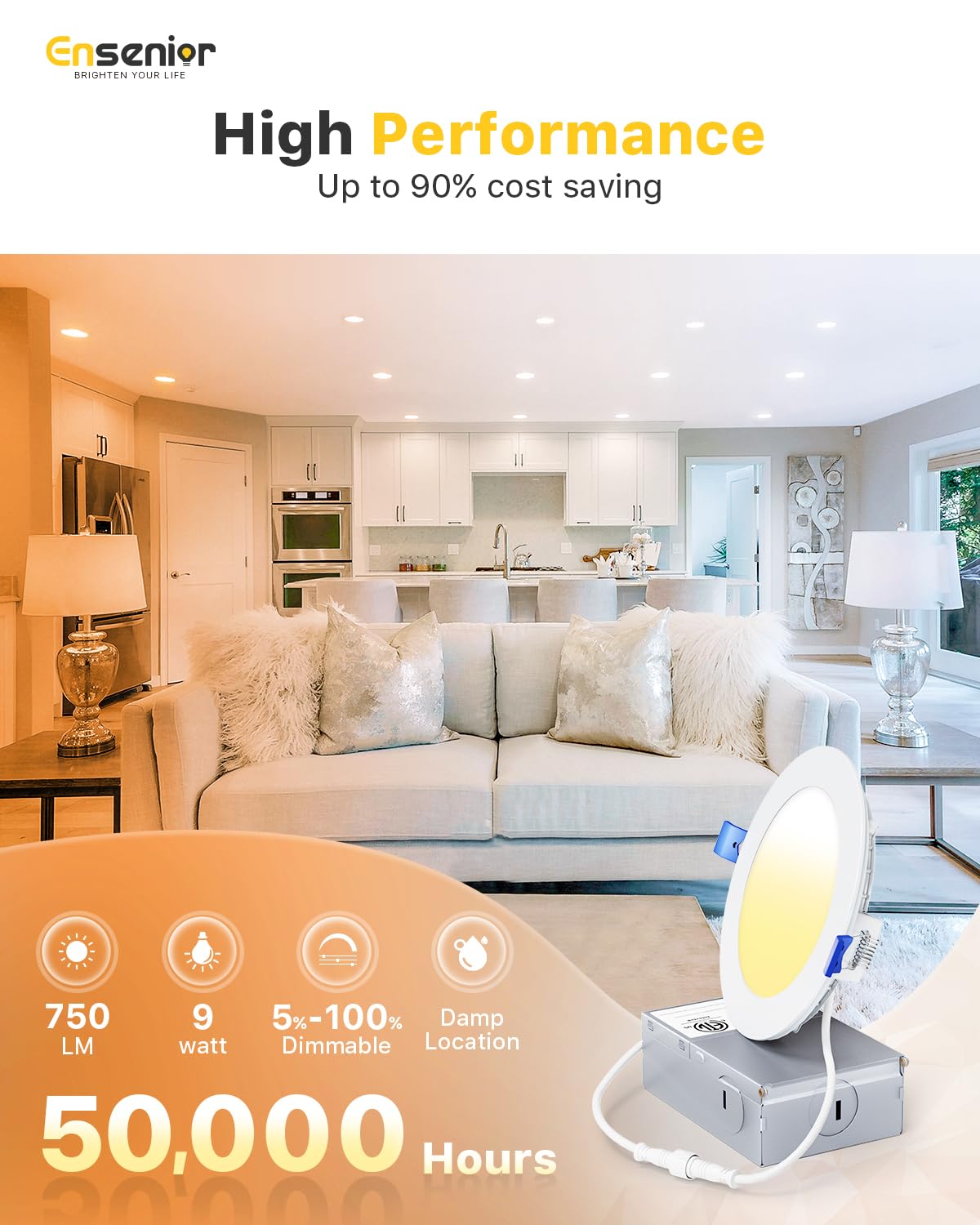 Ensenior 4 Pack 4 Inch LED Recessed Light, Dimmable, 4000K Cool White, 750LM High Brightness, 9W 120V, Damp Rated, Ultra-Thin Canless Wafer Ceiling Light - ETL & FCC & IC