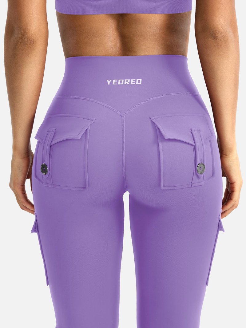 YEOREO CoreFlex Women Workout Flare Leggings with Pockets Hidden Scrunch High Waisted Cargo Gym Yoga No Front Seam Leggings Purple XL