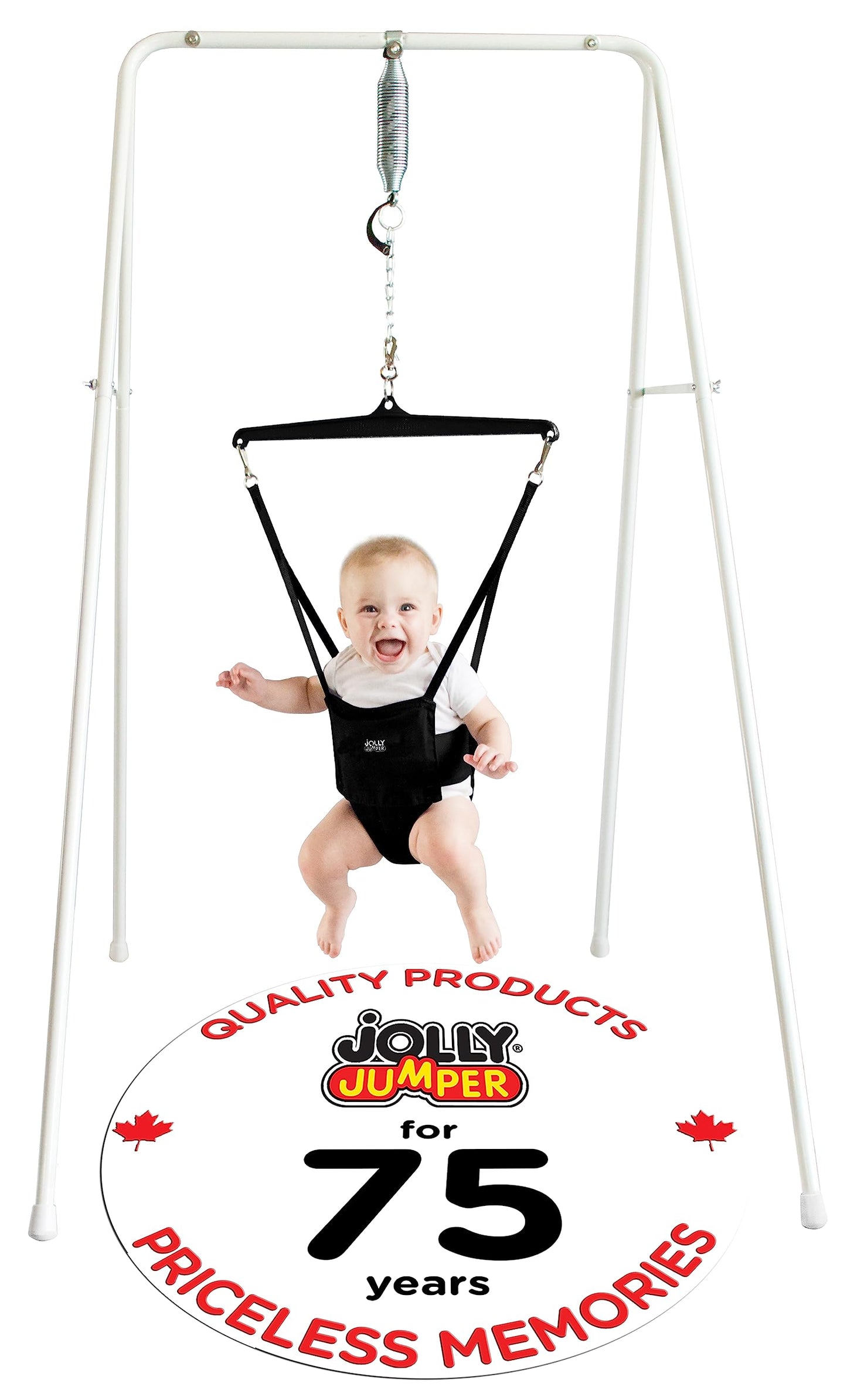 Jolly Jumper Classic (Black) with Stand - Baby Jumper, Indoor Exercise Saddle Seat, Adjustable Height, for Infants up to 28lbs, Your Alternative to Activity Centers and Baby Bouncers
