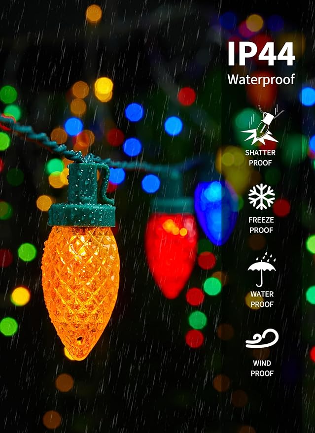 C9 LED Christmas Lights Outdoor, 68 Ft 100 LED C9 String Lights with 100 All in One Clips, Connectable Waterproof Christmas Tree Lights for Outside Roofline Backyard Garden Decor, Multicolor 2 Pack