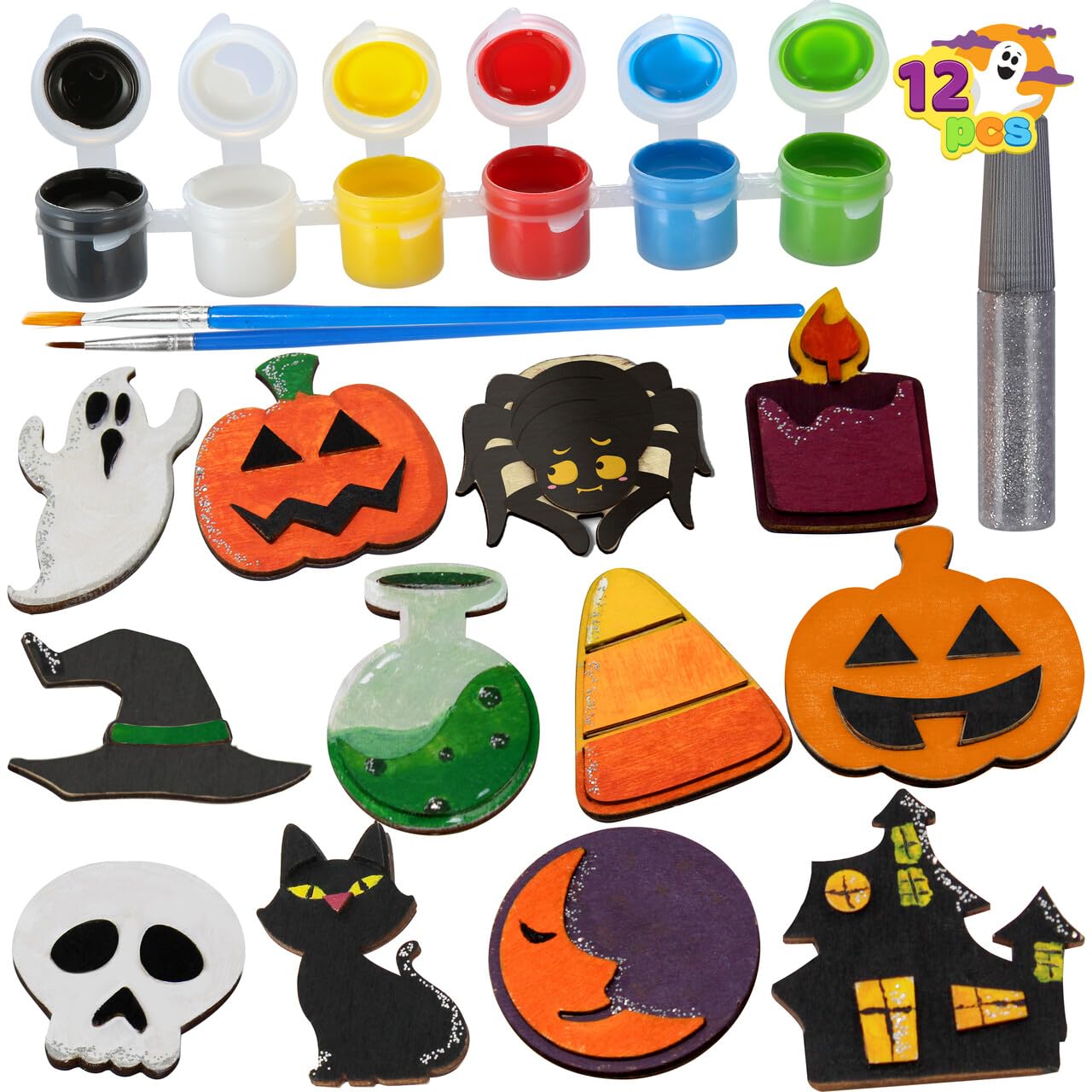 JOYIN 12 Pcs Halloween Wood Craft Kit, Wooden Magnet Creativity Arts Painting Kit, DIY Halloween Painting Craft for Kids Party Supplies, Toddler Party Favors Family School Activities