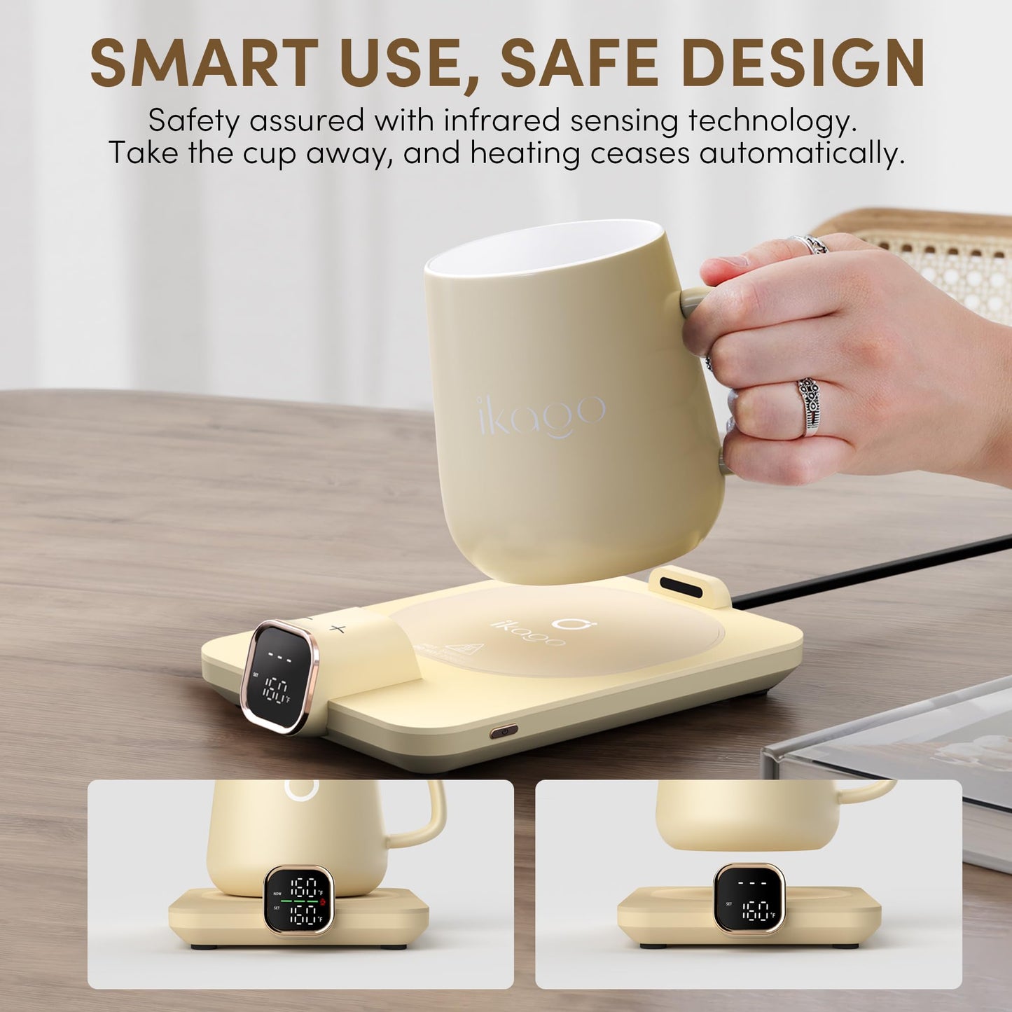 Coffee Mug Warmer Set, Temperature Control Smart Heated Mug for Desk, Electric Coffee Warmer with Auto Shut Off & Real-Time Temp Display, Gifts for Men Women, 15oz, Beige