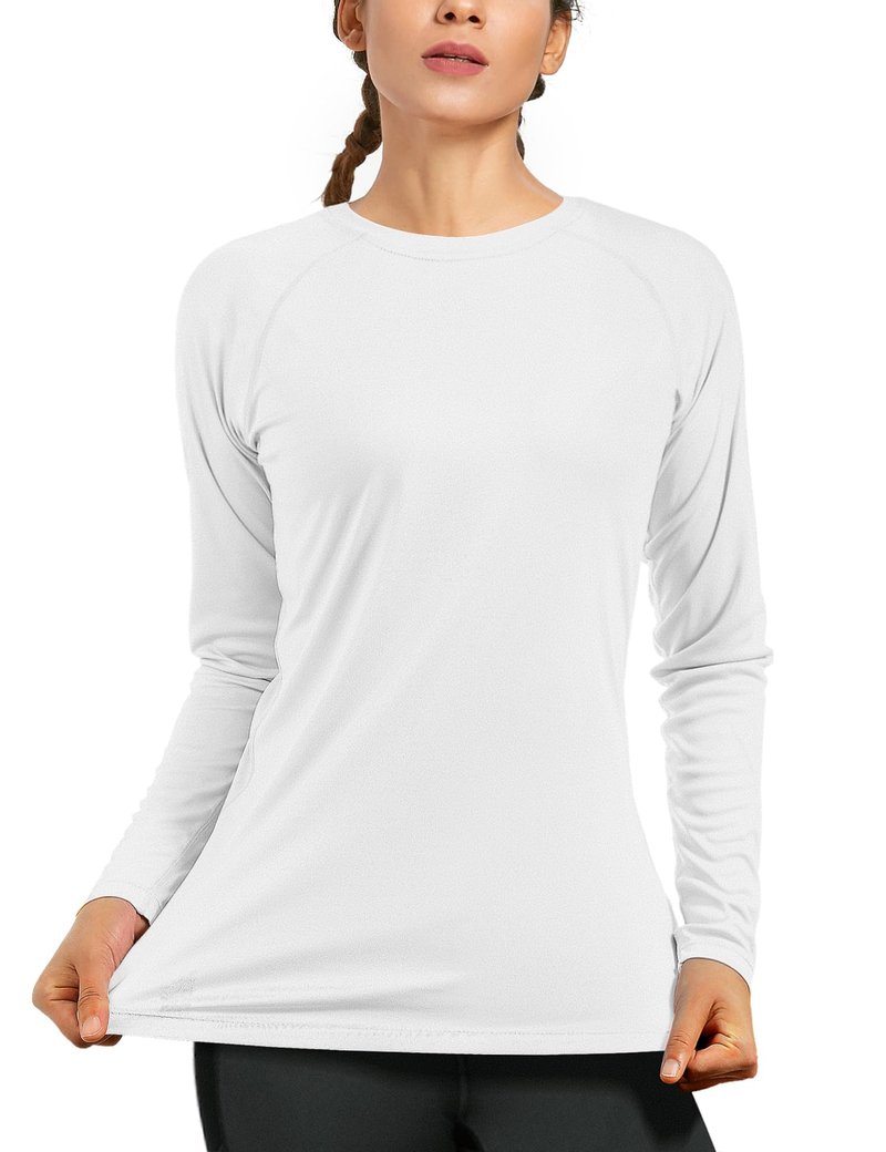 isnowood Women's Sun Protection Long Sleeve Shirts, UPF 50+ UV Rash Guard Swim Shirt, Workout Hiking Running Athletic Tops White