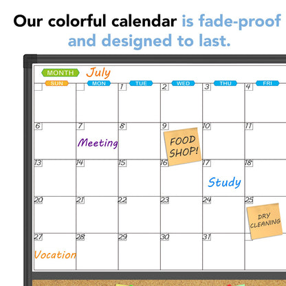 JILoffice Magnetic Calendar Whiteboard & Bulletin Corkboard Combination, Combo Board 24 x 18 Inch, Black Aluminum Frame Wall Mounted Board for Office Home and School with 10 Push Pins