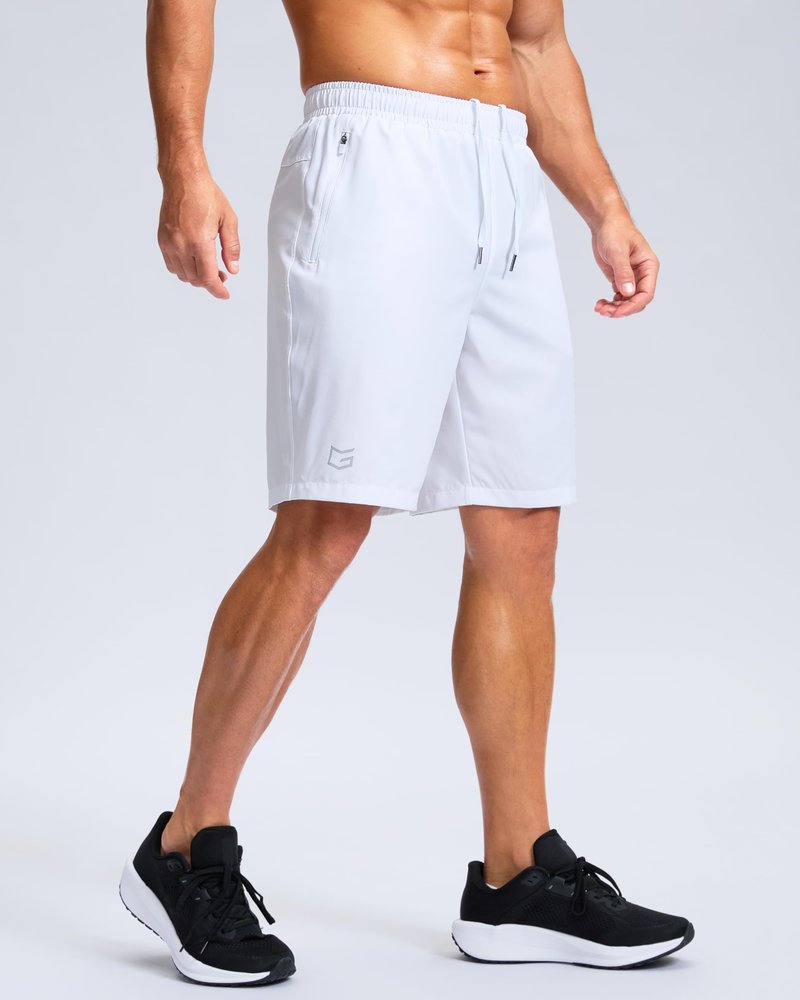 Men's Athletic Running Shorts with Zipper Pockets Quick Dry 7"/ 5"/ 9" Workout Gym Shorts for Basketball Hiking(White,9XS)