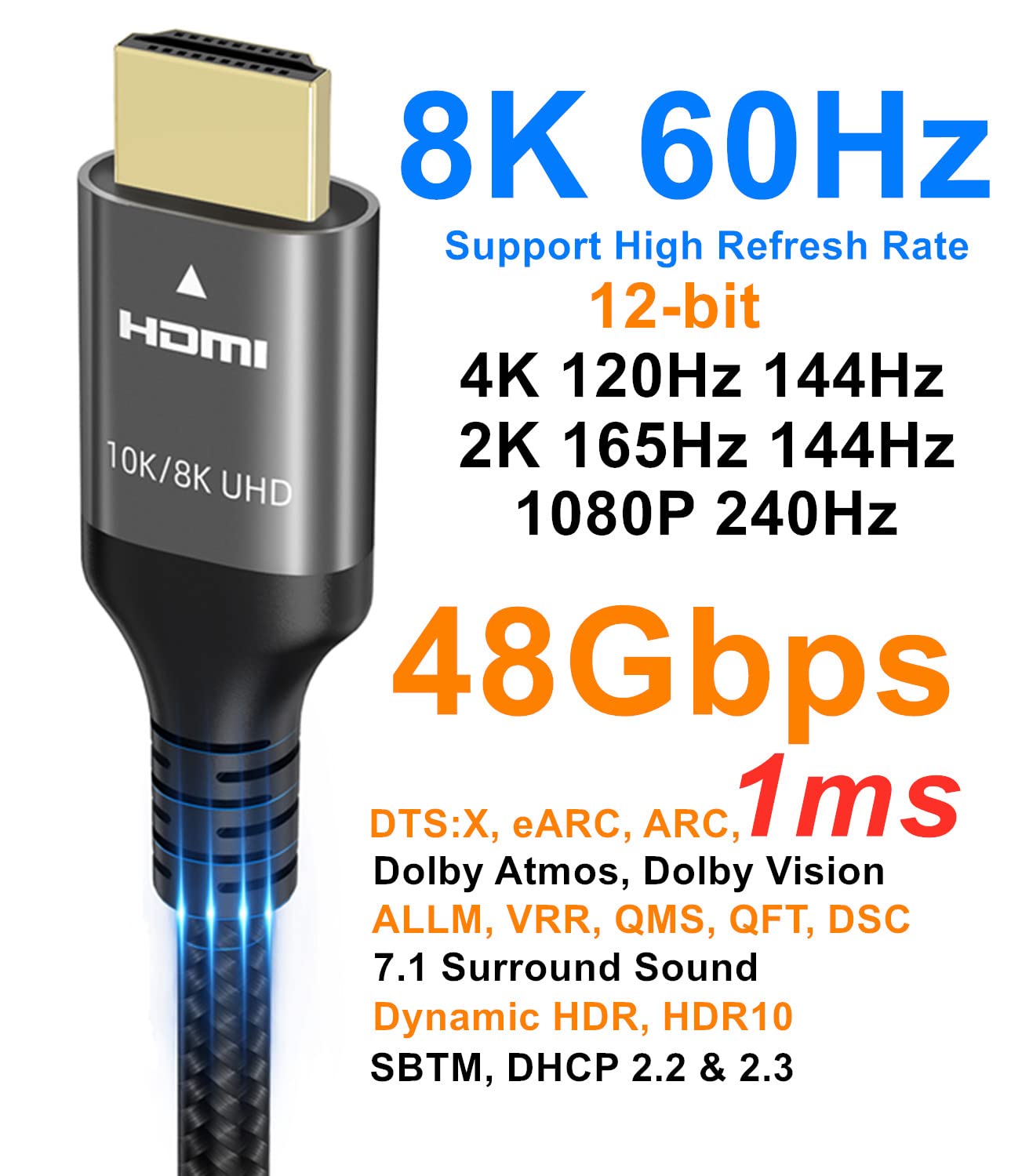 Ubluker 10K 8K 4K HDMI Cable 48Gbps 2M, Certified Ultra High Speed HDMI® Cable 4K 240Hz 144Hz 8K 60Hz 0.01ms HDR10+ ARC eARC HDCP2.3 N-etflix R-oku TV PC Monitor Projector PS5 4 X-box