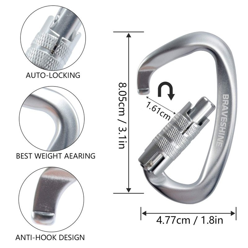 BRAVESHINE Heavy-Weight Carabiner - 2 Pack D Ring Snap Keychain Locking Caribeaner Clips - 12KN Aluminum Screws Buckle Carabiner Hook for Men Women Key Keychains, Water Bottle, Dog Leash - Silver