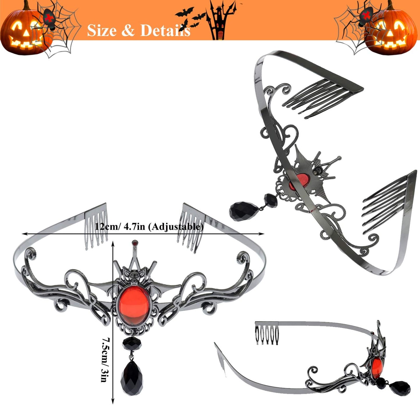 RechicGu Black Vampire Bat Red Stone Halloween Headband Tiara Comb Costume Crown Accessory Queen Party Bride Fascinator Alice Band with a box