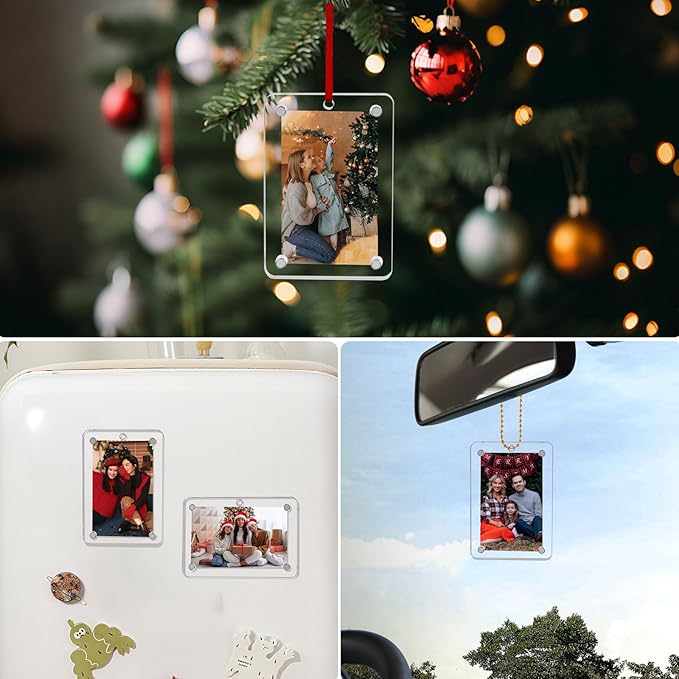 Christmas Photo Ornament Set of 4, 3x2'' Iridescent Acrylic Hanging Picture Frame for Family Photo, Christmas Tree, Holiday Decoration, Multifunctional Magnetic Picture Frames for Car and Fridge Decor