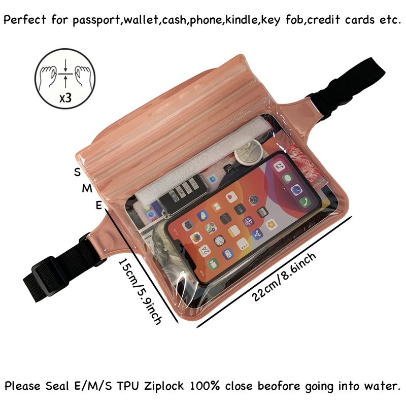 EMSEEK Waterproof Waist Pouch Dry Belt Bag Fanny Pack Keep Your Key Fob Wallet Kindle Phone Dry Perfect For Swim Surf Snorkel(Pink)