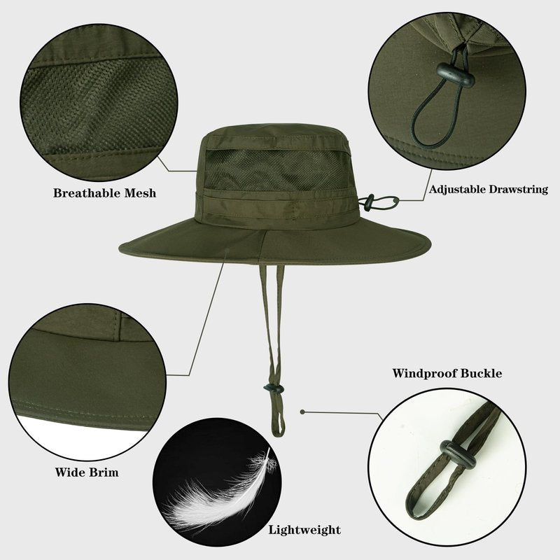 Sun Hat for Men/Women, UPF 50+ Fishing Hat,Waterproof Wide Brim Bucket Hat Foldable Boonie Hat for Hiking Garden Safari Beach Green