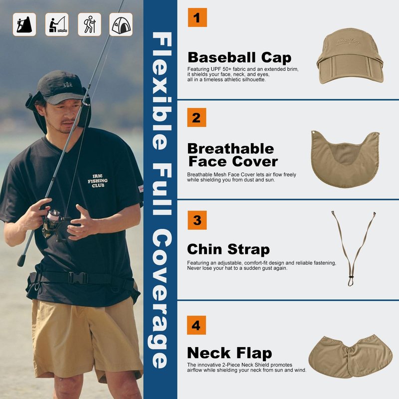 Surblue Quick-Drying Outdoor Cap UV Protection Sun Hats Fishing Hat Neck Face Flap Hat UPF50+ Khaki