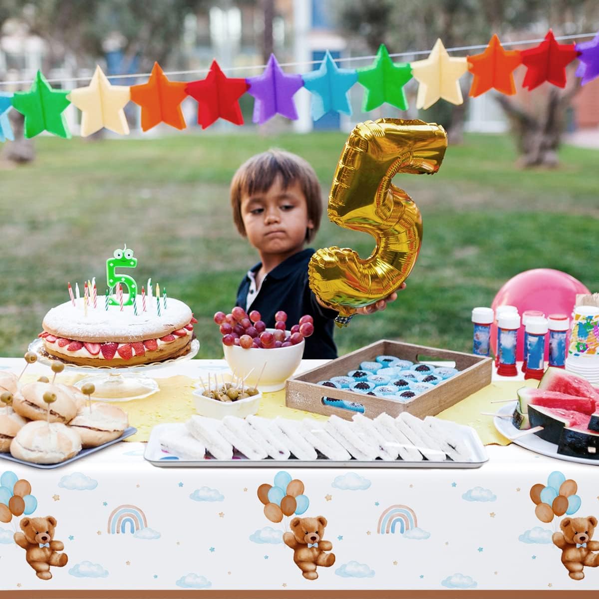 Caisehabu 3 Pieces Teddy Bear Baby Shower Tablecloths Plastic Table Cover, Boho Brown Blue Birthday Party Decorations Supplies for Boys Kids Large Size 108×54 Inch Rectangular