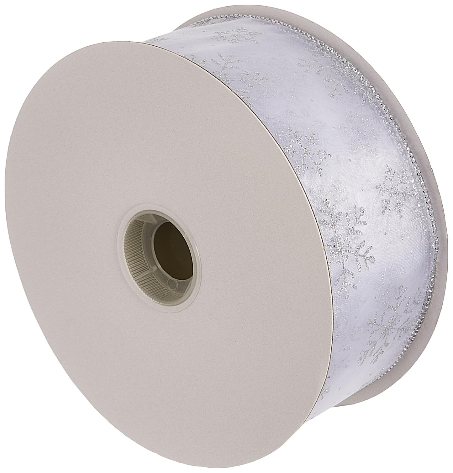 Morex Ribbon 7405.60/50-701 Snowflake 2.5" X 50 YD Nylon Sheer Wired Glitter Ribbon, White/Silver, Ribbon Art Supplies for Christmas Decorations, Indoor Christmas Ribbon for Gift Wrapping Art Set